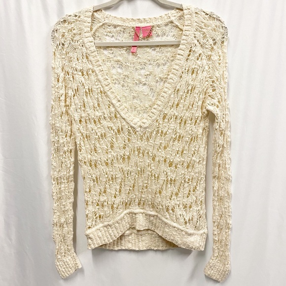 Charlotte Sweaters - Charlotte Cream Pullover Crochet V-neck Sweater